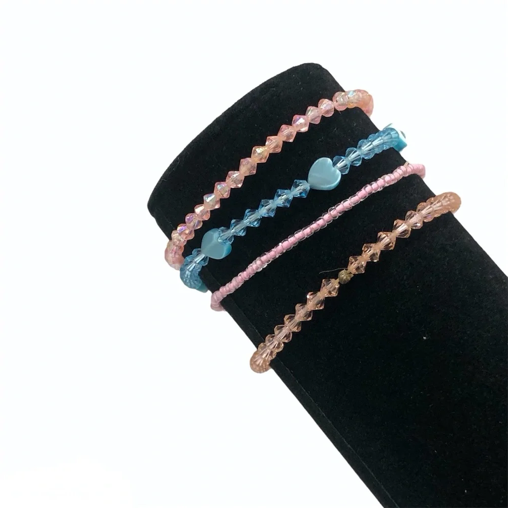 CRYSTAL STRETCH BRACELETS - PINK, PEACH, & BLUE - SET OF 4